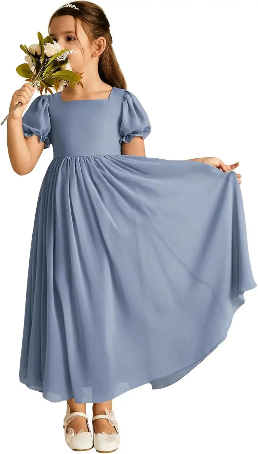 Long Chiffon Junior Bridesmaid Dresses for Wedding with Sleeve Formal Flower Girl Dress for Teens princess dress