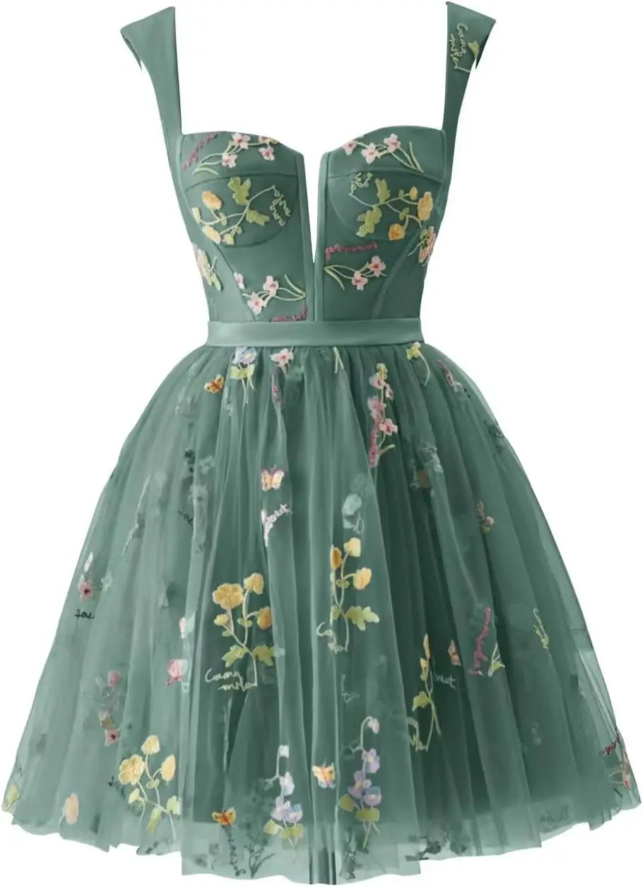 Flower Embroidery Short Tulle Homecoming Dresses for Teens Corset Mini Prom Dress Fairy Formal Party Gown Junior Bridesmaid Gown