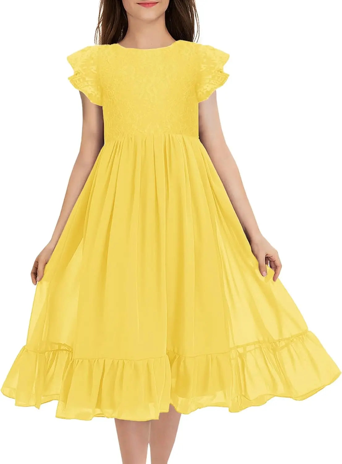 Girls Elegant Lace Flower Crew Neck Ruffle Chiffon A-Line Flowy Birthday Party Midi Dress ball gown  princess dress