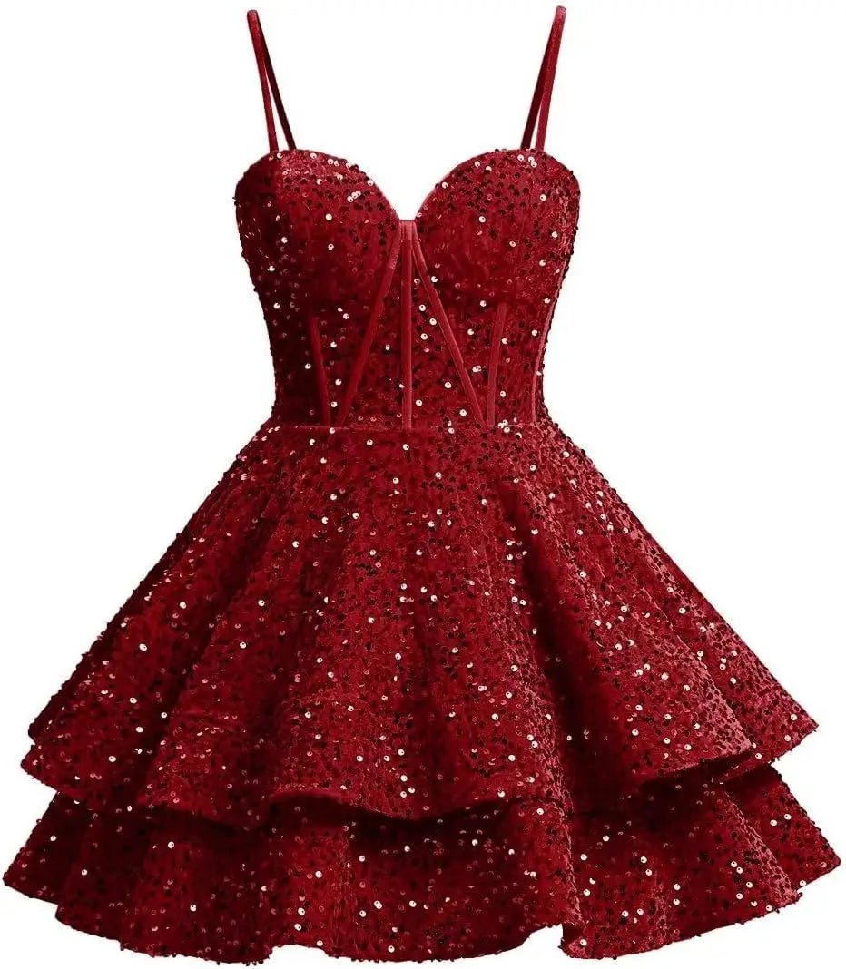 Vestidos de fiesta de graduación con lentejuelas brillantes para adolescentes, tirantes finos, corsé, vestido de cóctel con capas brillantes 