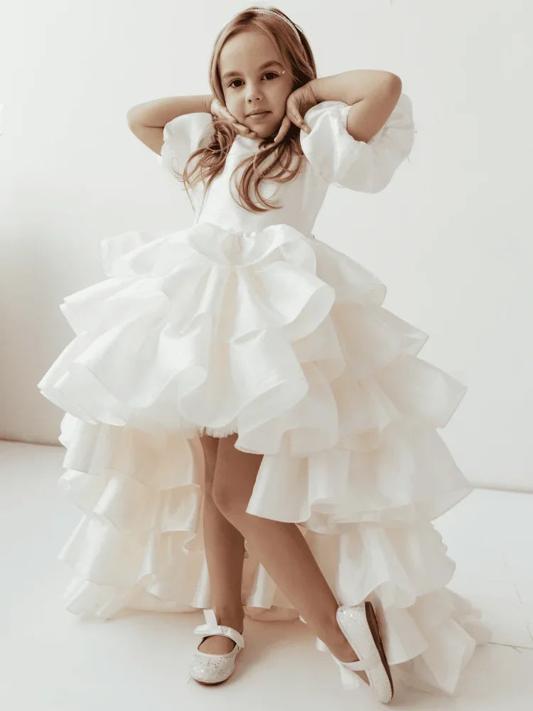 Beige Tiered With Bow And Tailing Short Sleeve For Wedding Birthday Party Holy Communion Gowns Customized Flower Girl Dresses