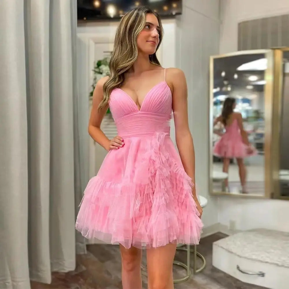 Fashion Tiered Homecoming Dresses Ruffle Tulle Mini Dresses Elegant V Neck Short Prom Dresses graduation dress