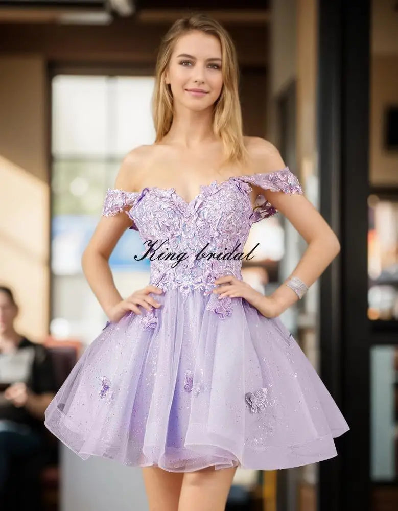 Glitter Tulle Appliques Homecoming Dresses for Teens Beaded Off Shoulder Short Prom Dresses Lace Cocktail Mini Dress Club Gowns