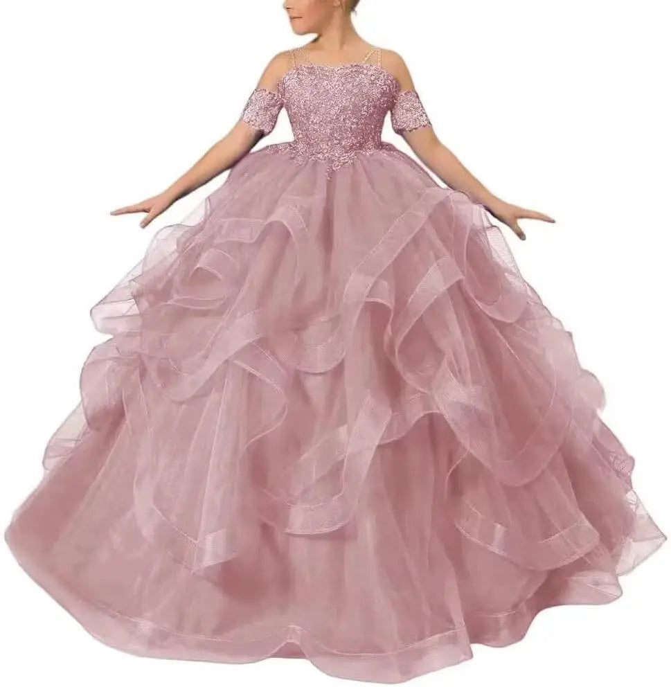 Vestidos de desfile de princesas para niñas de flores 2026 con encaje bordado, tallas grandes, tul en capas, vestidos de primera comunión para niñas. 