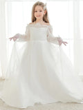 Birthday Party Holy Communion Gowns Flower Girl Dresses White Tulle Rose Appliques With Trailing And Bow Long Sleeve For Wedding