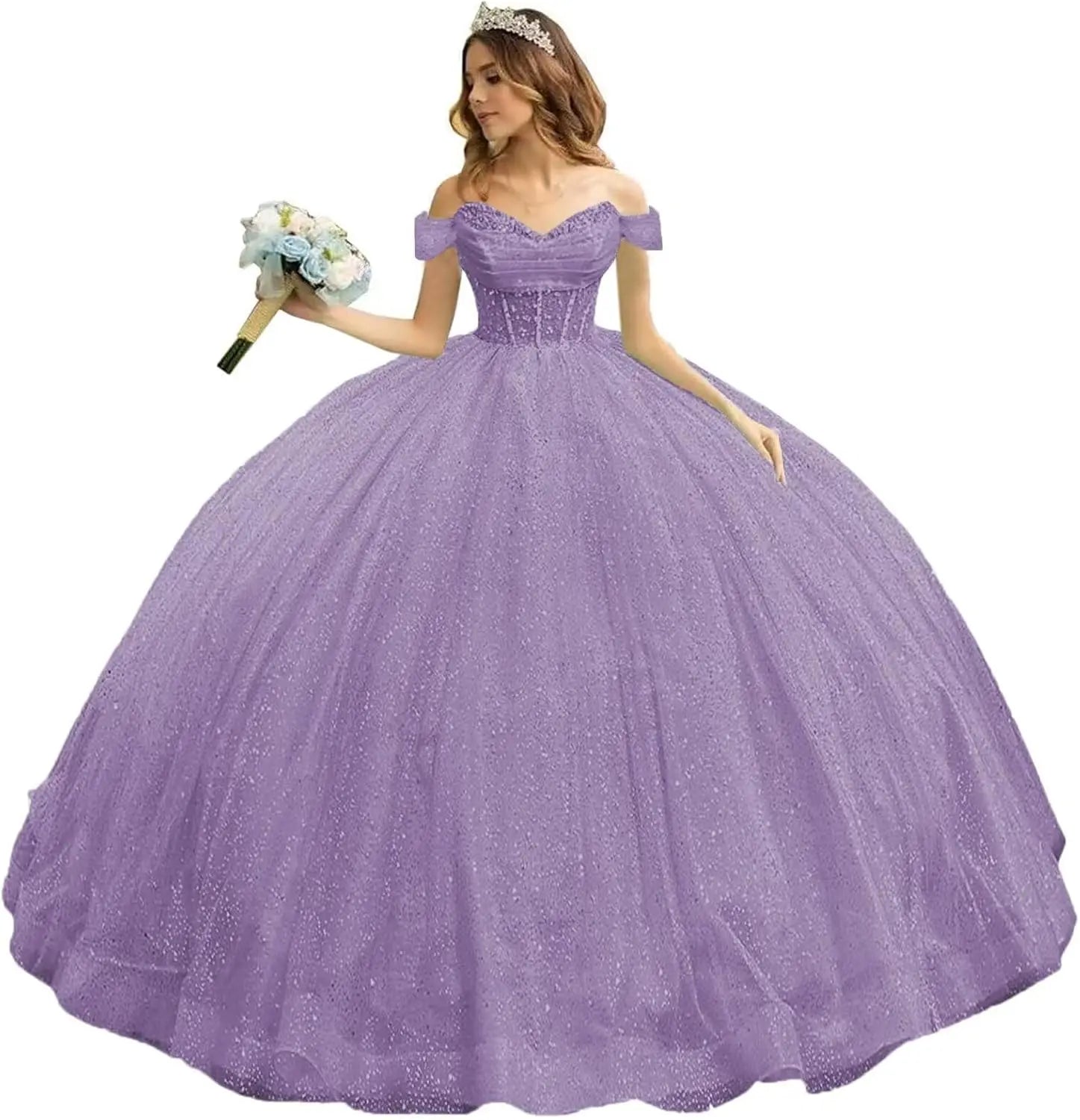 Tulle Quinceanera Dresses with Bow Puffy Off Shoulder Sweet 16 Dresses Sparkly Crystal Quince Dress with Train