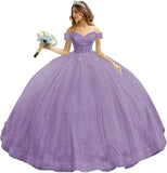 Tulle Quinceanera Dresses with Bow Puffy Off Shoulder Sweet 16 Dresses Sparkly Crystal Quince Dress with Train