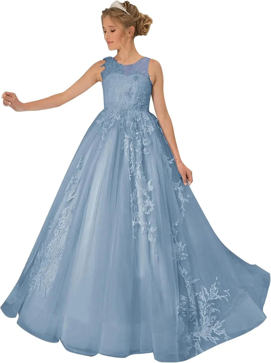 Princess Dress Tulle Lace Flower Girl Dress for Wedding Applique Princess Pageant Dress Long Party Ball Gown with Cape Sleeves