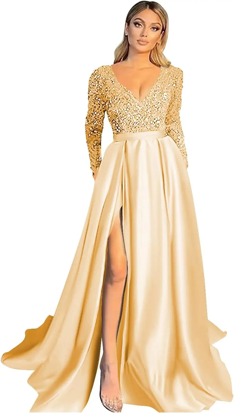 Vestido de fiesta de graduación con lentejuelas brillantes para mujer, con bolsillos, de satén de manga larga, vestido de noche formal con abertura, elegante para fiesta de boda 