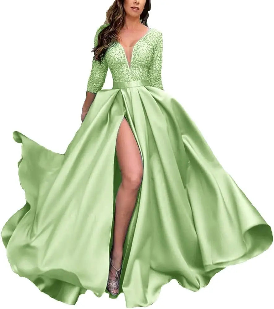 Deep V-Neck Satin Prom Dress for Women, 3/4 Sleeve Formal Evening Gown with Pockets, Elegant Party Dress
