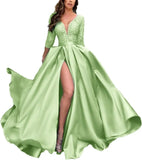 Deep V-Neck Satin Prom Dress for Women, 3/4 Sleeve Formal Evening Gown with Pockets, Elegant Party Dress