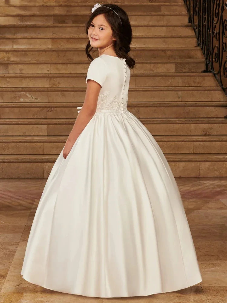 Vestidos de princesa con bordado floral de satén marfil y cinturón de lazo, de manga corta, para bodas, fiestas de cumpleaños, banquetes, vestidos de niña de las flores 