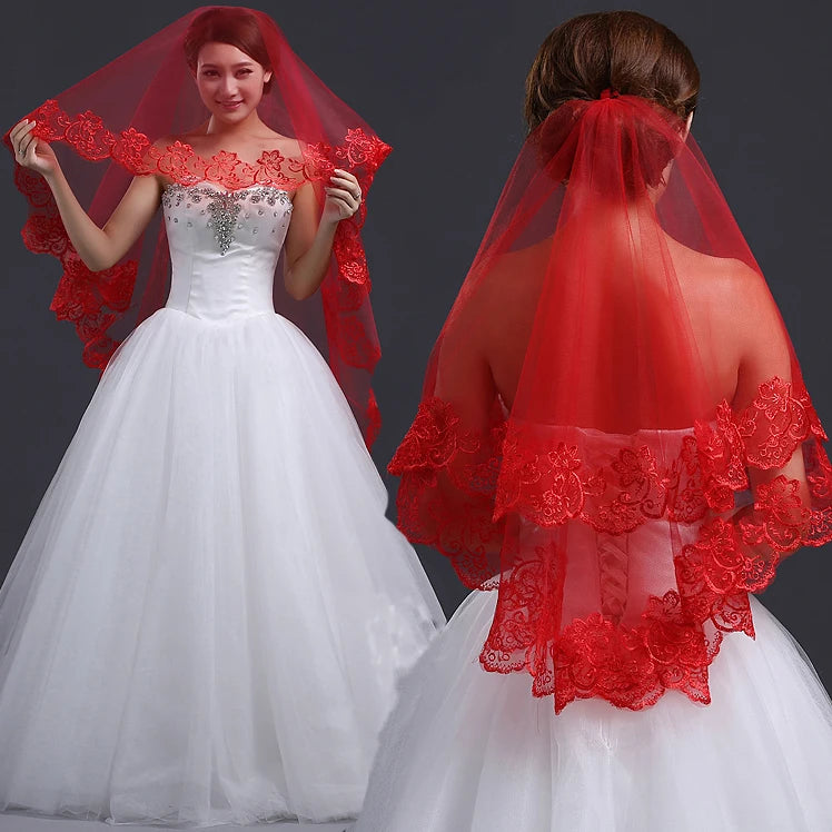 White Ivory Red Black Bridal Veil Lace Short Elbow Wedding Tulle Appliques Embroidery Edge Long Cathedral Bride Veils 1.4M 265cm