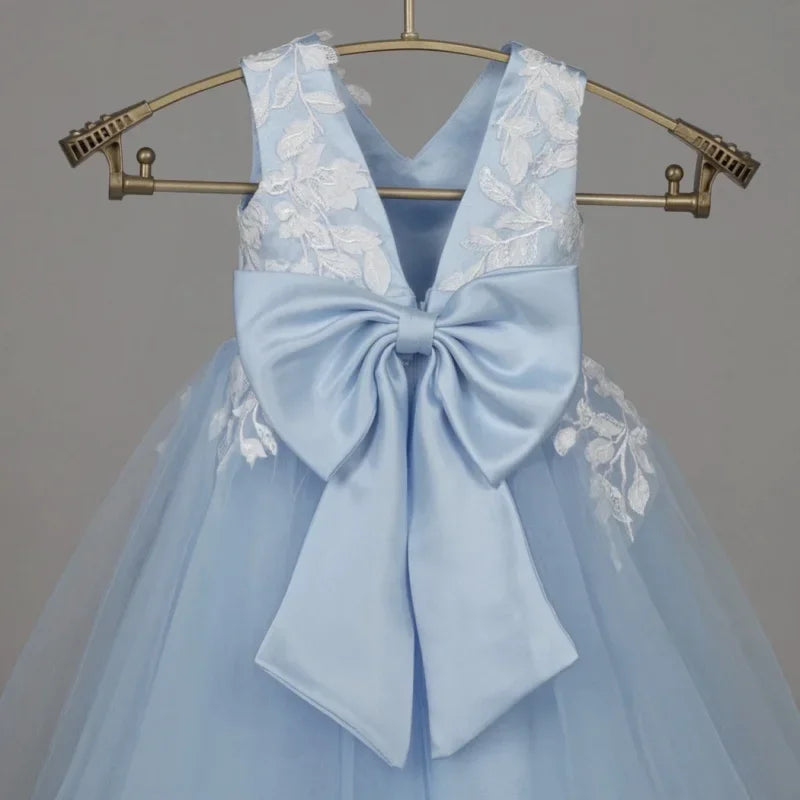 Vestidos de comunión para fiesta de cumpleaños, vestidos de niña de las flores de tul azul cielo, apliques de flores blancas con lazo, sin mangas para boda 