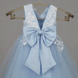 Vestidos de comunión para fiesta de cumpleaños, vestidos de niña de las flores de tul azul cielo, apliques de flores blancas con lazo, sin mangas para boda 