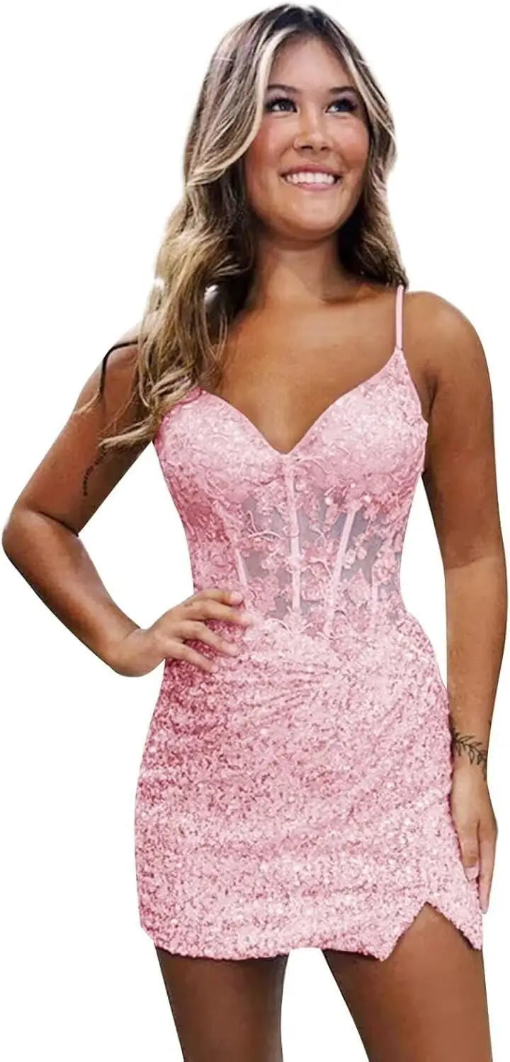 Sparkly Sequin Homecoming Dresses for Teens Short Tight Appliques Mini Formal Prom Cocktail Gown 2025 Wedding Party Dresses