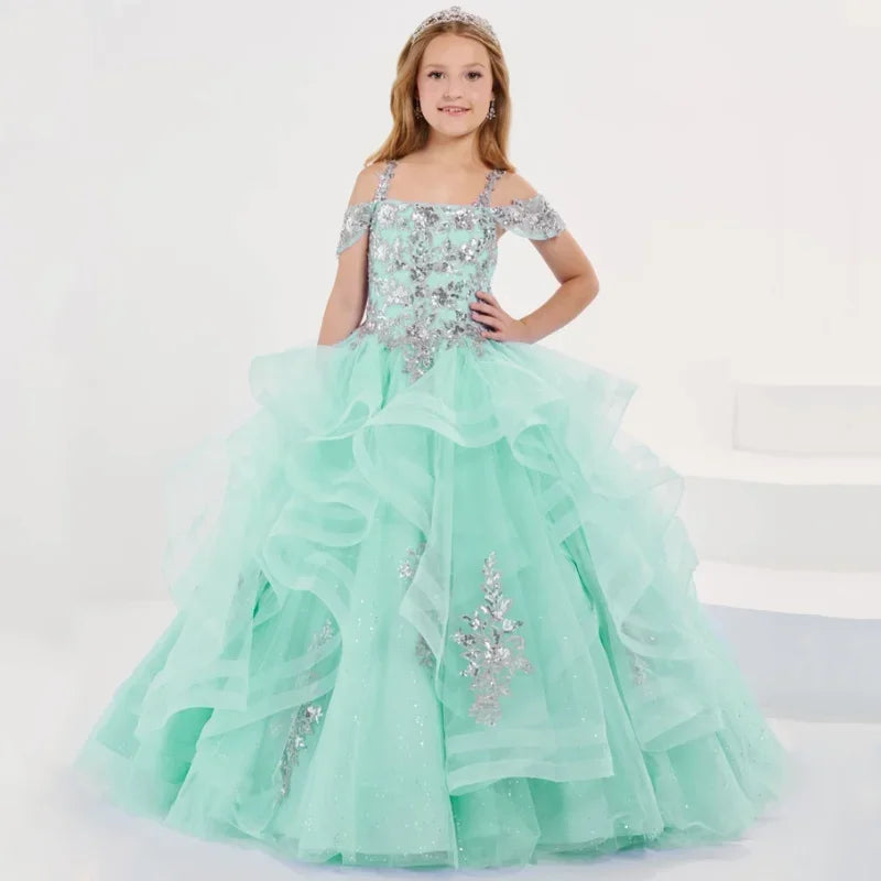 Vestidos de princesa sin mangas para bodas, fiestas de cumpleaños, banquetes, vestidos de niña de las flores, tul azul cielo, apliques florales plateados escalonados 