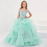Vestidos de princesa sin mangas para bodas, fiestas de cumpleaños, banquetes, vestidos de niña de las flores, tul azul cielo, apliques florales plateados escalonados 