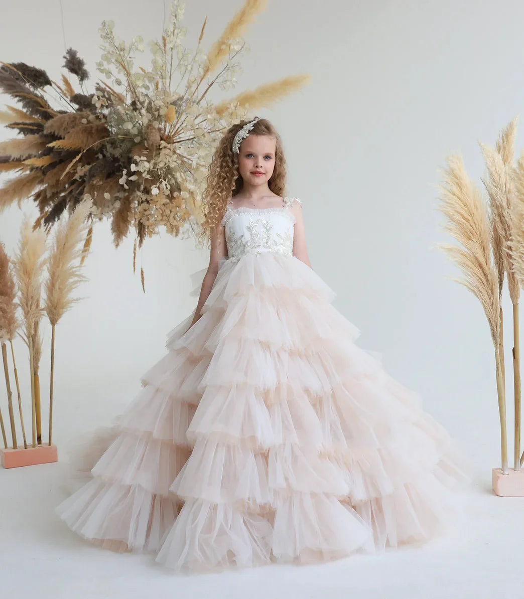 Ärmelloses, gestuftes, elegantes Mädchen-Kindergeburtstagskleid, Erstkommunionkleid, errötendes Rosa, Blumenmädchenkleid für Hochzeit, Pailletten 
