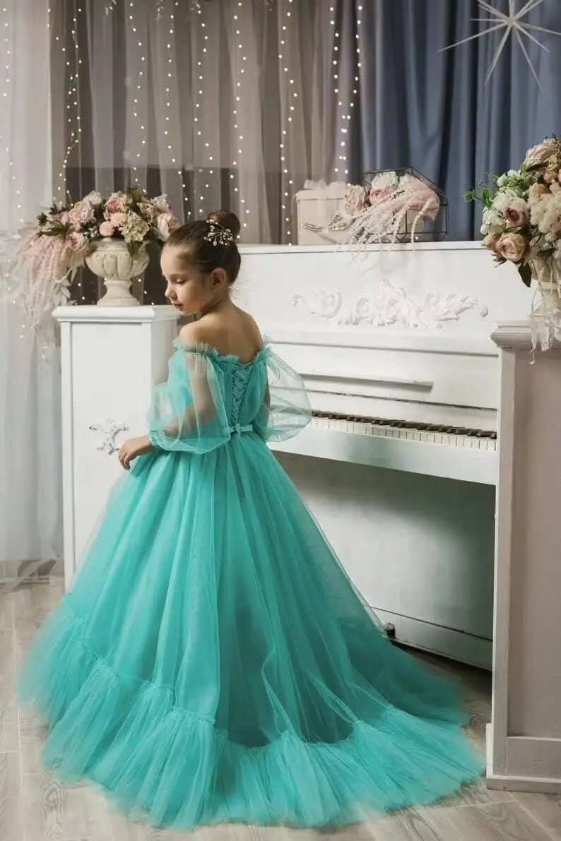 Vestidos de niña de las flores con mangas abullonadas para boda, vestidos de desfile de tul con hombros descubiertos, vestido de línea A para niña pequeña con cinturón, vestido para niña bebé 
