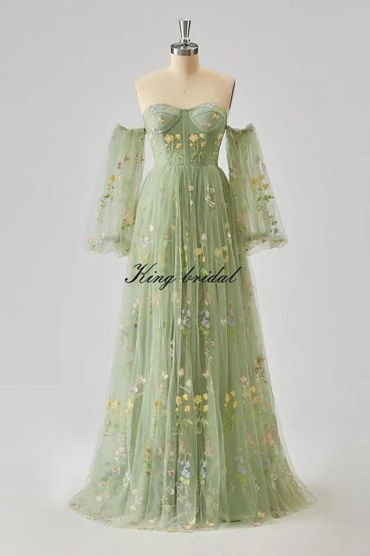 Puffy Sleeve Flower Embroidery Tulle Prom Dresses for Women Long A Line Fairy Maxi Formal Evening Party Gown Bridesmaid Dresses