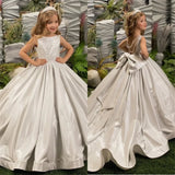 Vestido de primera comunión de princesa con lentejuelas brillantes, de lujo, plateado, sin mangas y con lazo para boda. 