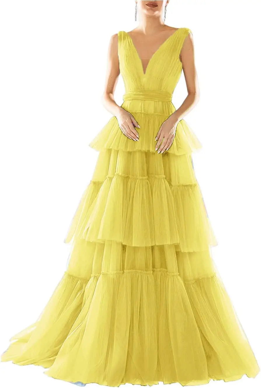 Vestidos de fiesta largos con escote en V doble para mujer, 2025, de tul escalonado, corte A, plisados, formales, para fiesta de noche. 