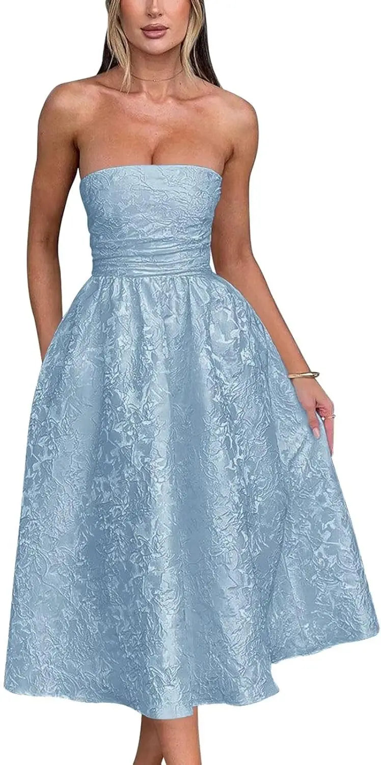 Vestido de fiesta de satén jacquard floral, largo hasta la rodilla, corte A, sin tirantes, con corsé, para dama de honor, para fiesta de noche formal 