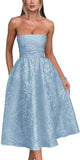 Vestido de fiesta de satén jacquard floral, largo hasta la rodilla, corte A, sin tirantes, con corsé, para dama de honor, para fiesta de noche formal 
