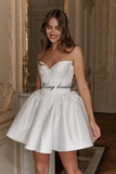Kurze Brautkleider für die Braut, Strand, Spitzenapplikation, Tüll, trägerlos, Boho-Korsett, Mini-Brautkleid, Satin-Brautkleid mit Ärmeln 
