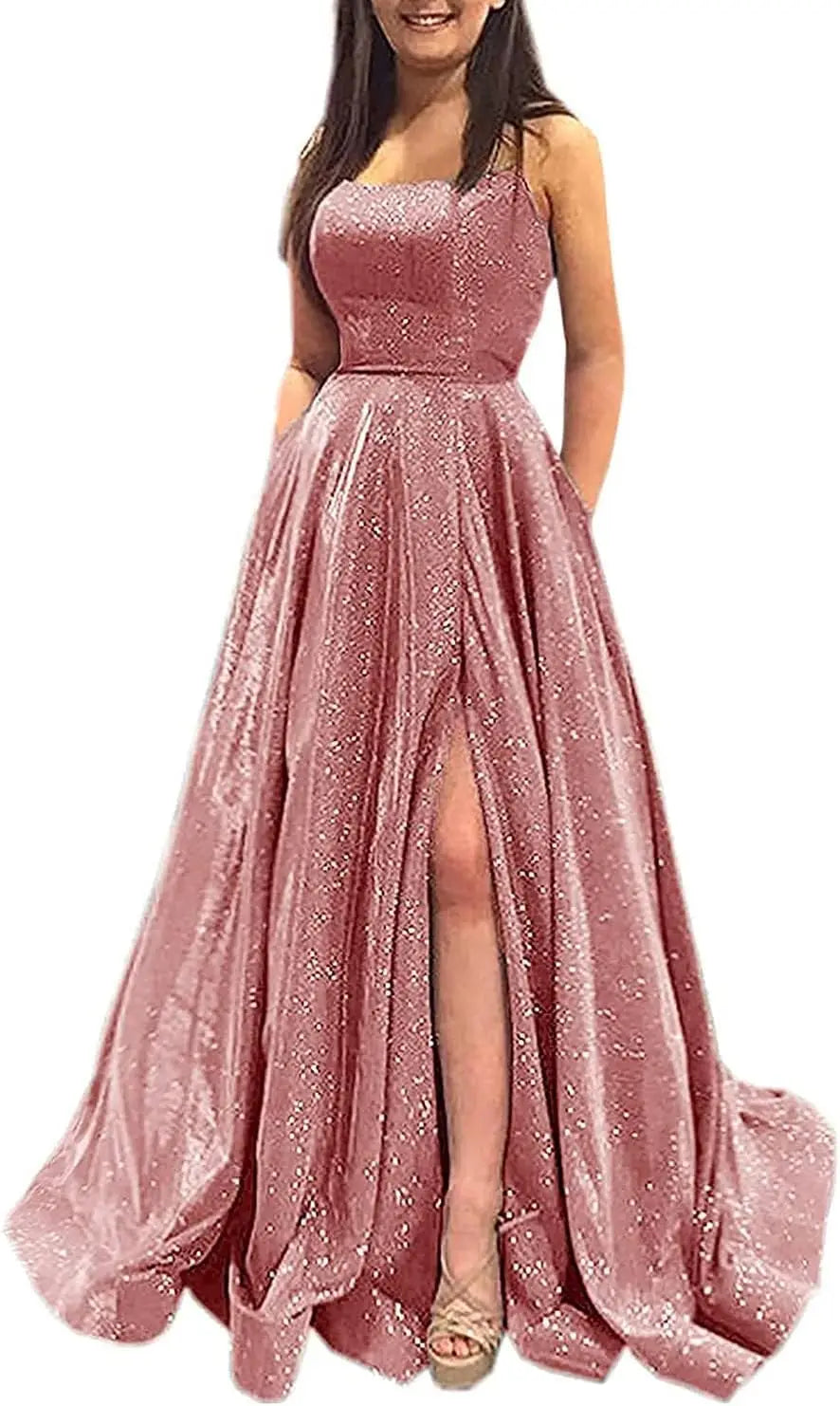 Vestidos de fiesta con purpurina para mujer, 2025, con tirantes finos abiertos, largos, formales, para noche, boda, fiesta, baile, con bolsillos 