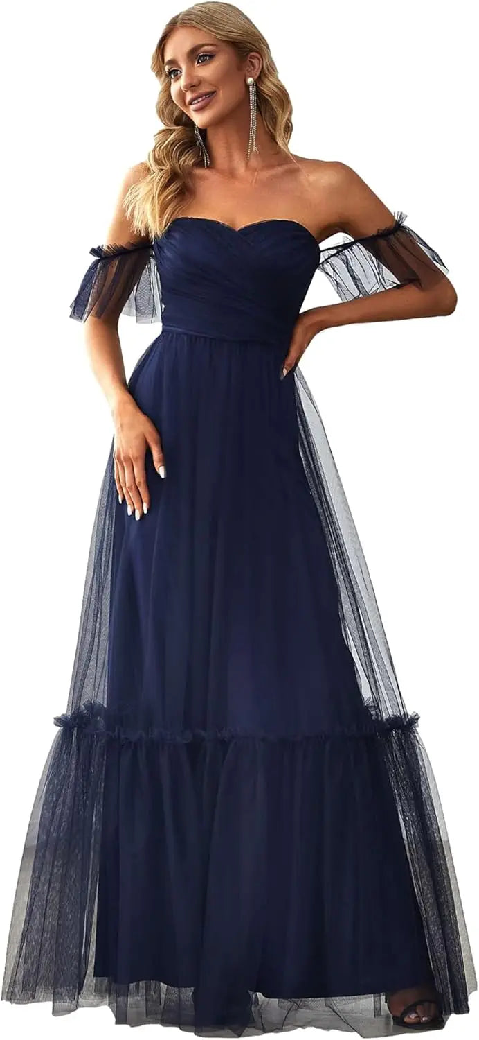 Women's Formal Dress Sweetheart Off-Shoulder Ruched Tulle Maxi Bridesmaid Dresses elegant dress women for wedding party