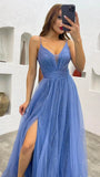 2025 Sparkly Tulle Formal Prom Dress Pleated A-Line Ball Gown with Spaghetti Straps Slit for Women Evening Dresses