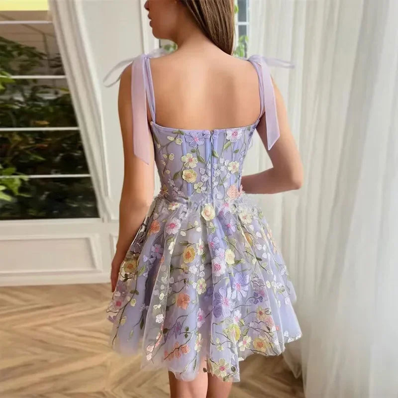 Brand Designers Evening Prom Holiday Dress For Women Formal Occasions 3D Flower Embroidery Straps Bow Sexy Tulle Sling Vestidos