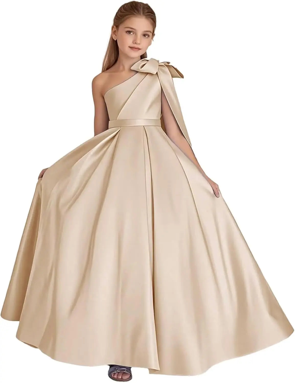 One-Shoulder-Satin-Blumenmädchenkleider, lange Festzugskleider für Mädchen, Ballkleid mit Schleife, Prinzessinnenkleid, Partykleider