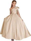 One-Shoulder-Satin-Blumenmädchenkleider, lange Festzugskleider für Mädchen, Ballkleid mit Schleife, Prinzessinnenkleid, Partykleider