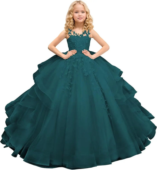 Vestidos de desfile de princesa de tul sin mangas, vestido largo de encaje con apliques para niña de las flores, vestido de fiesta de cumpleaños para niños, vestidos de desfile 