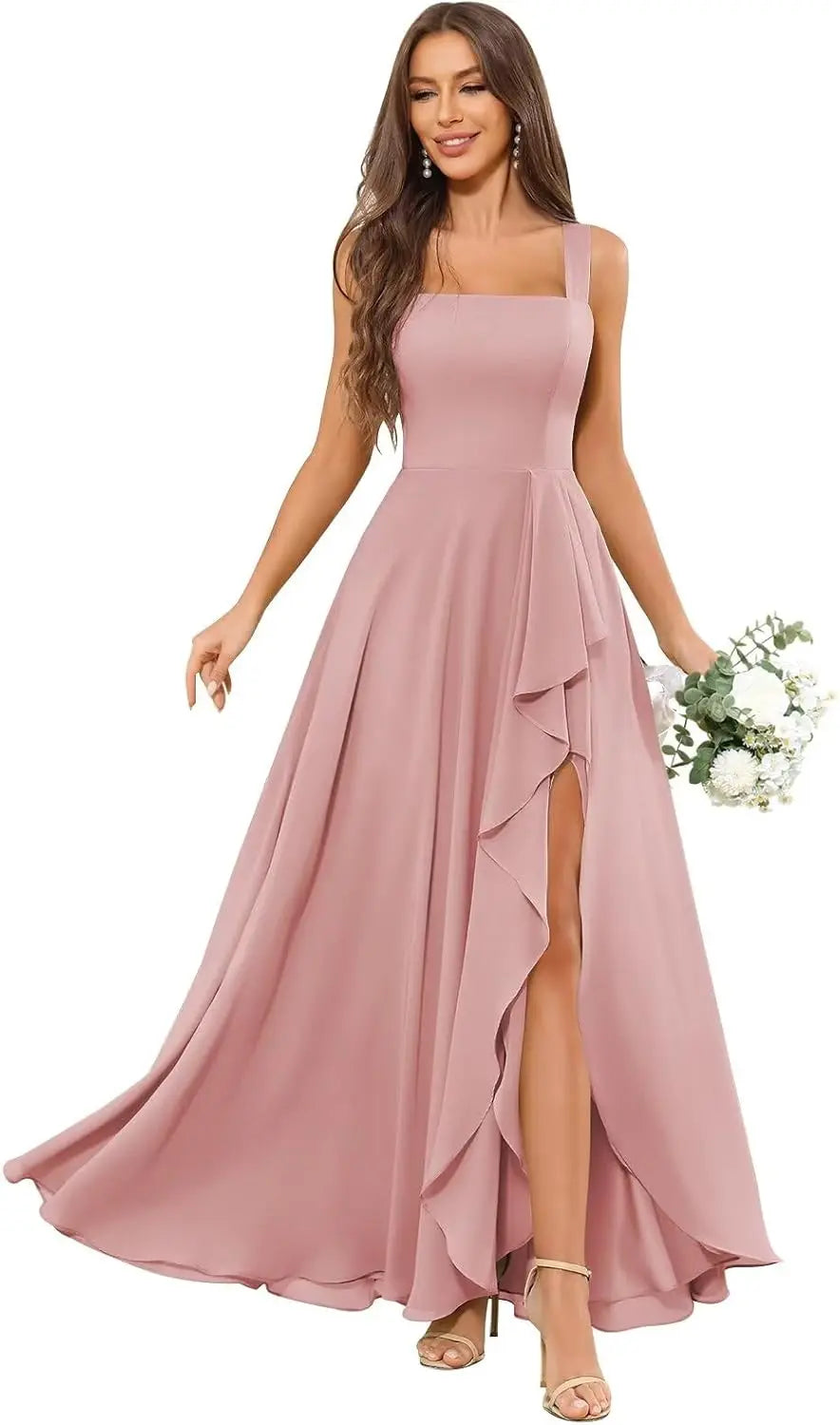 Chiffon Ruffle Bridesmaid Dresses for Women Square Neck Formal Evening Dress with Slit elegant dress women for wedding party