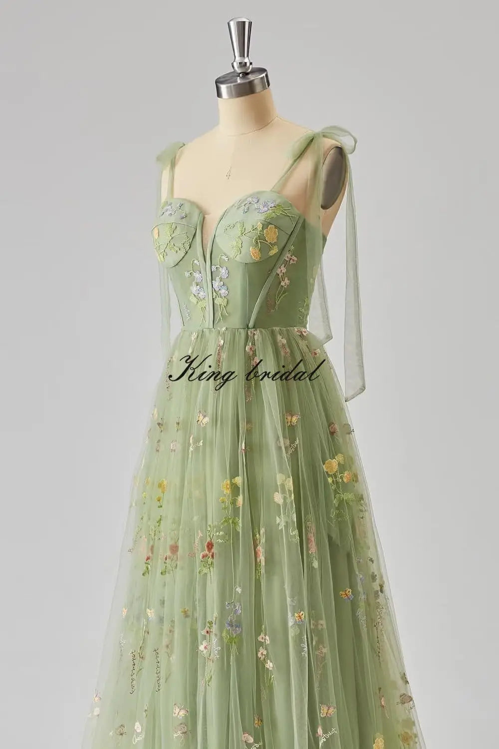 Women's Flower Embroidery Tulle Prom Dresses Corset Long Spaghetti Strap Fairy Ruched Formal Evening Party Gowns Bridesmaid Gown