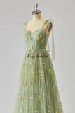 Women's Flower Embroidery Tulle Prom Dresses Corset Long Spaghetti Strap Fairy Ruched Formal Evening Party Gowns Bridesmaid Gown