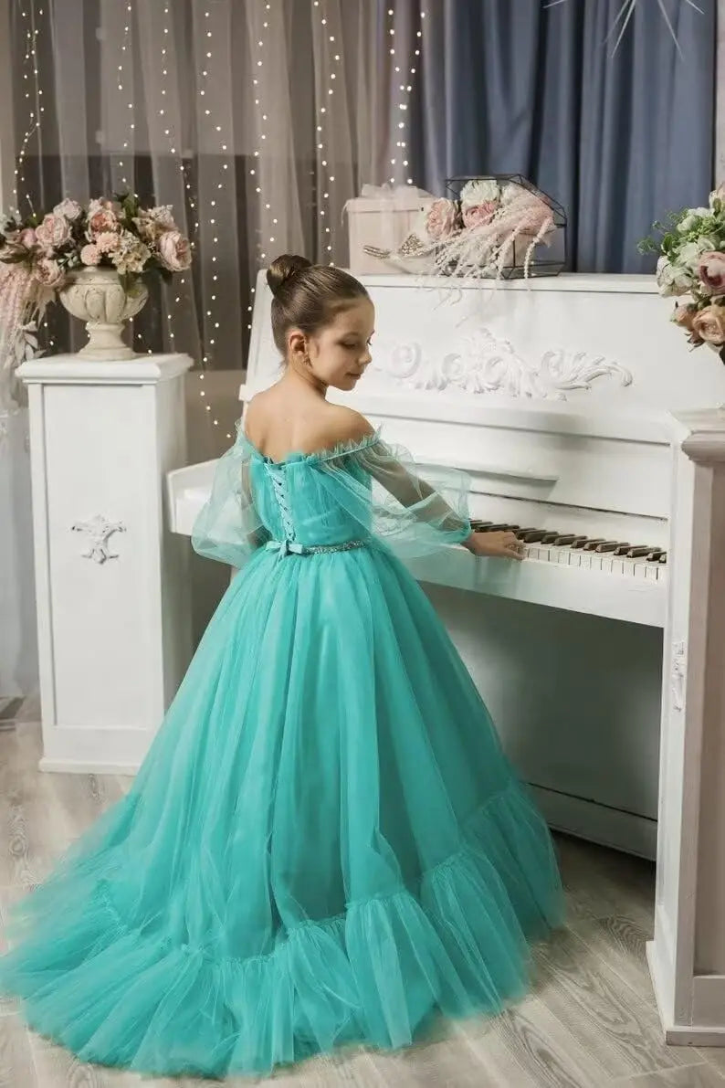 Vestidos de niña de las flores con mangas abullonadas para boda, vestidos de desfile de tul con hombros descubiertos, vestido de línea A para niña pequeña con cinturón, vestido para niña bebé 