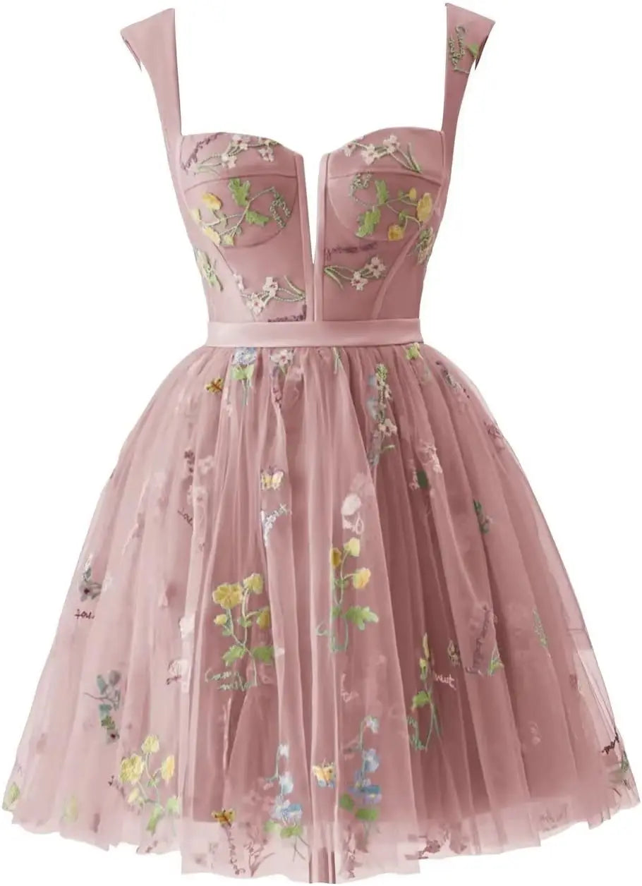 Flower Embroidery Short Tulle Homecoming Dresses for Teens Corset Mini Prom Dress Fairy Formal Party Gown Junior Bridesmaid Gown