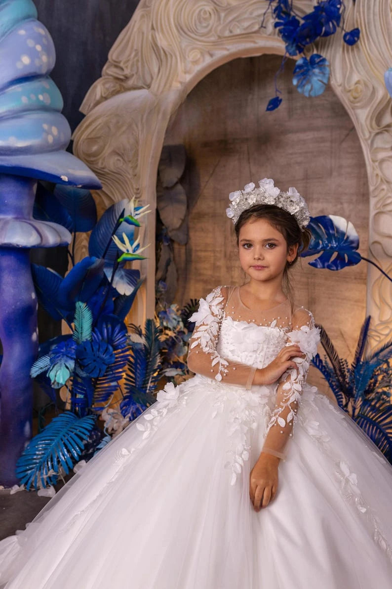 Flower girl dress, Tulle Lace flower girl dress Ivory First communion dress, Junior bridesmaid dress princess dress