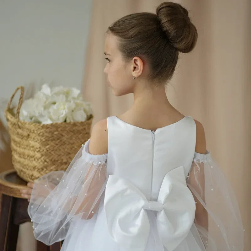 White Tulle Appliques With Bow Pearls Long Sleeve For Wedding Birthday Party Holy Communion Gowns Flower Girl Dresses