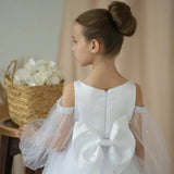 White Tulle Appliques With Bow Pearls Long Sleeve For Wedding Birthday Party Holy Communion Gowns Flower Girl Dresses