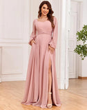Damen Langarm Brautjungfernkleider mit Taschen Split Plissee Chiffon Formales Abendkleid Partykleid formelles Kleid Frauen elegant 