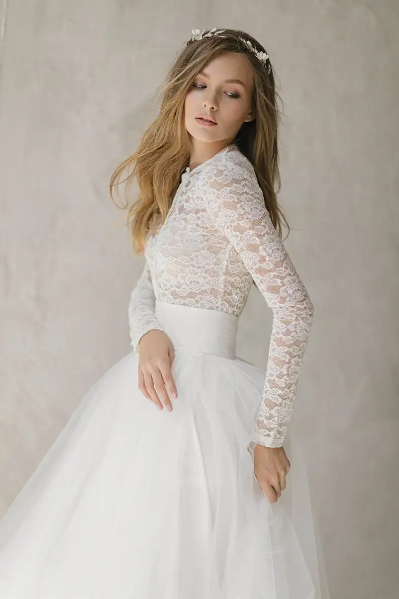Off white tulle wedding dress lace wedding gown bohemian bridal separates Two piece  simple wedding dresses