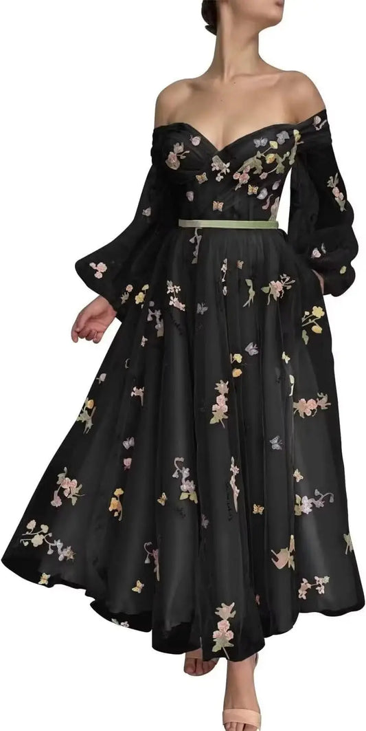Bridesmaid Dress Long Sleeve Flower Embroidery Lace Tulle Prom Dresses for Women A Line Fairy Maxi Formal Evening Party Gowns