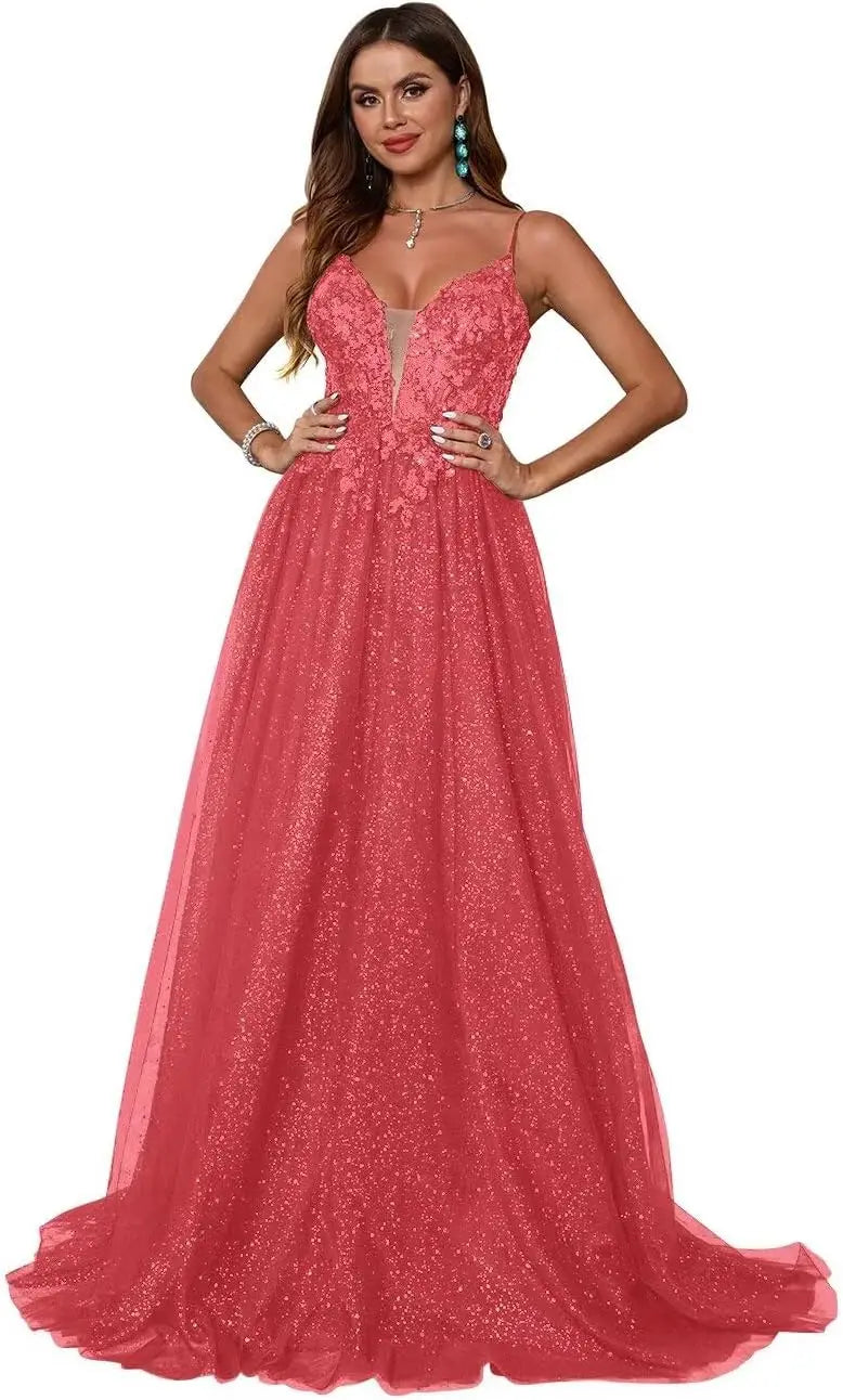 Glitzerndes Tüll-Ballkleid für Damen, Spaghettiträger, tiefer V-Ausschnitt, Spitzenapplikationen, Ballkleid, langes A-Linien-Abendkleid 