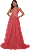Glitzerndes Tüll-Ballkleid für Damen, Spaghettiträger, tiefer V-Ausschnitt, Spitzenapplikationen, Ballkleid, langes A-Linien-Abendkleid 